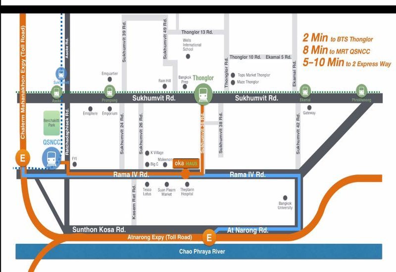 Oka Haus by Sansiri. Located along Rama 4 road. Close to Bangkok CBD. It is 5 minutes from Queen Sirikit National Convention Centre MRT Station. Close to Suan Plearn Market.