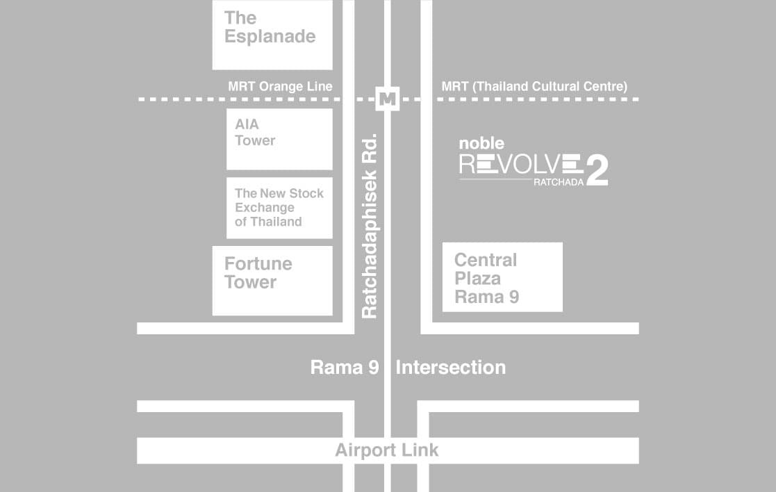 Noble Revolve Ratchada 2 by Noble Development. 80 metres to Thailand Cultural Centre MRT Station. Next to the Stock Exchange of Thailand. Right in the heart of Bangkok's new central business district (CBD).