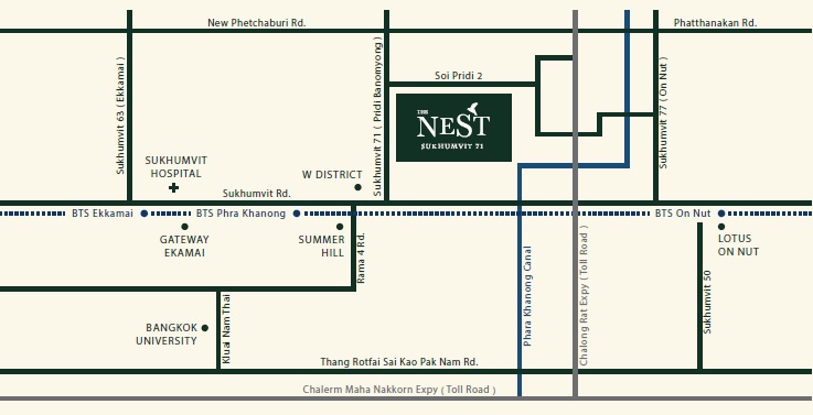 The Nest Sukhumvit 71 by The Nest Property. Close to Phra Khanong BTS. 10 minutes walk to BTS. This is a low density, low rise development with a lot of open green spaces. This area is popular with Japanese expatriates.