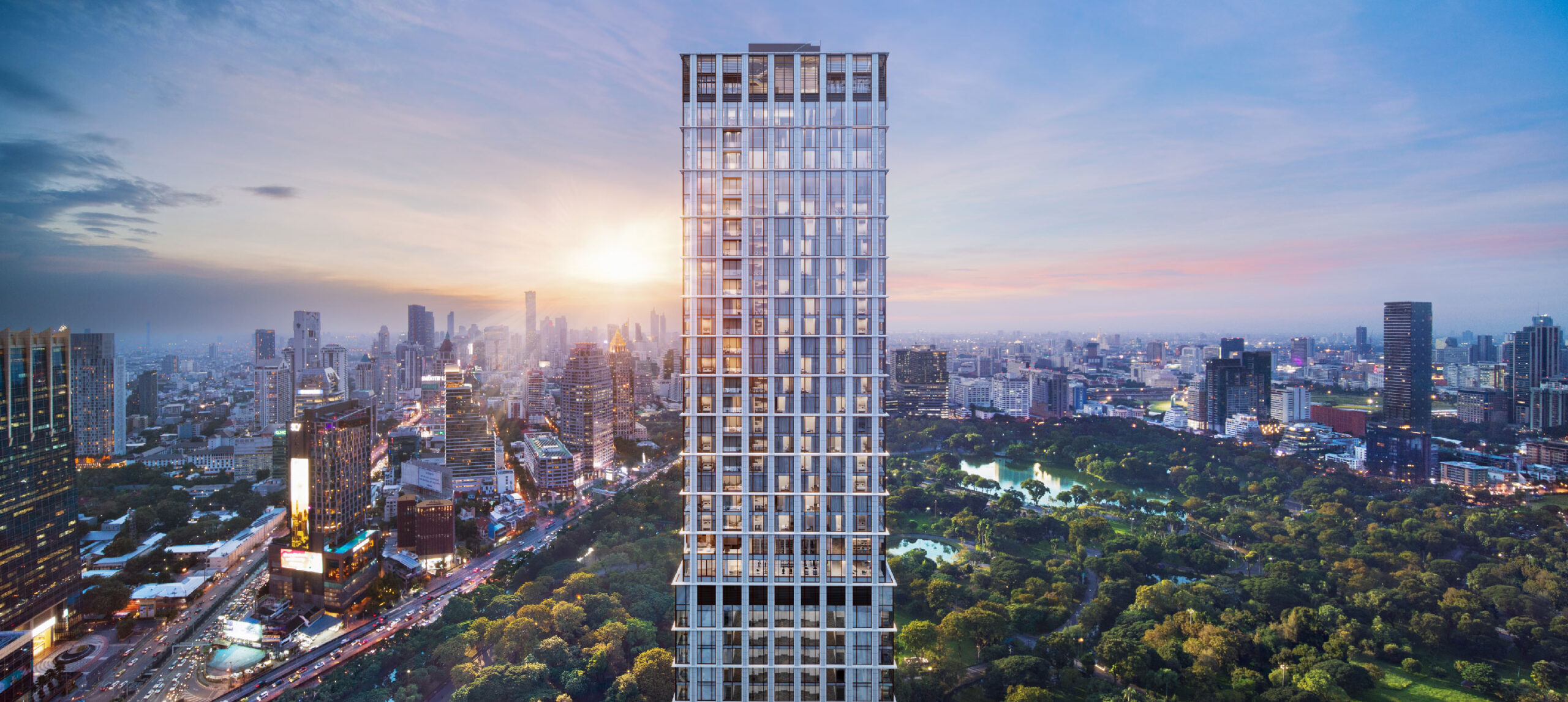 Official ONE89 Wireless render overlooking Lumphini Park in Bangkok